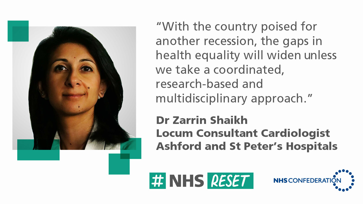 NHSConfed's tweet photo. “Going forward, the need to address health inequality must also be tackled with the same urgency and with disease prevention at the heart of the strategy” 

Dr Zarrin Shaikh (@freshheartdoc) blogs for our #nhsreset focus on Health Inequalities https://t.co/zcz3kbf1CC https://t.co/kQ43gqD3T2