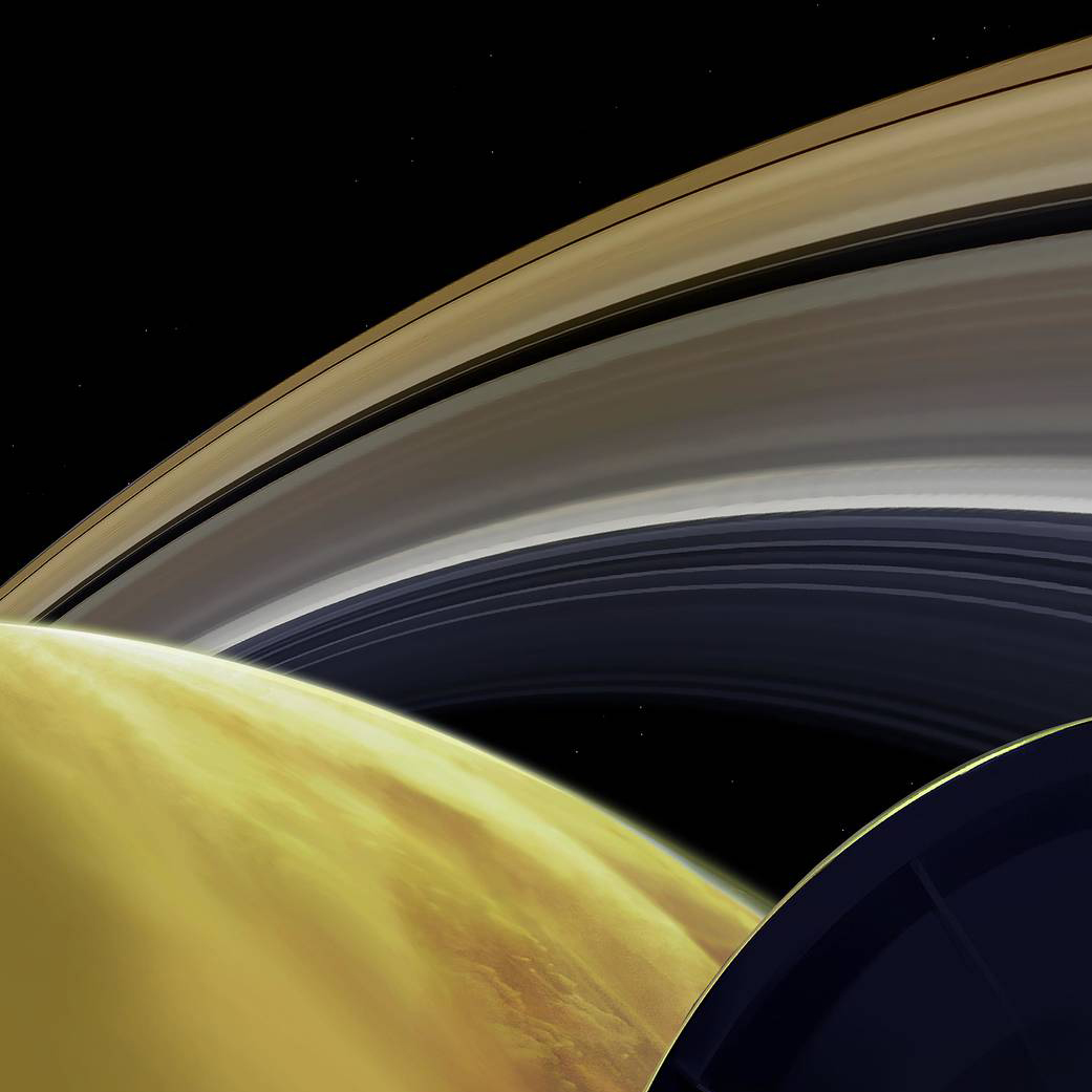 Cassini's Last Dive: This illustration imagines the view from #NASA's Cassini spacecraft during one of its final dives between Saturn and its innermost rings. 📷Photo &amp; Caption by NASA - National Aeronautics and Space Administration #STEMeducation #science #space #education