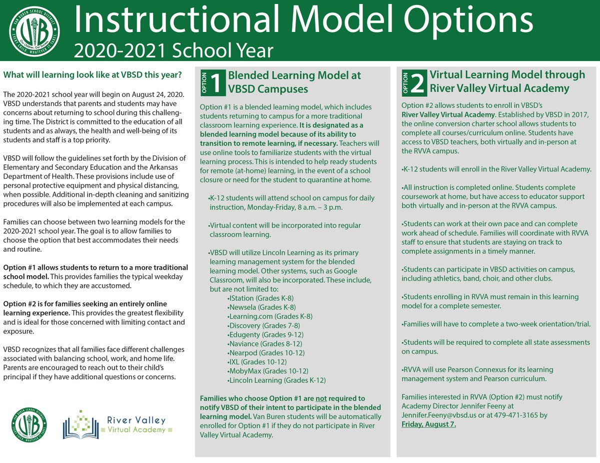 VBSD will offer two instructional options for the 2020-21 school year. Families opting for virtual learning must notify <a href="/RVVirtualAcad/">River Valley Virtual Academy</a> by Aug. 7. While this year will look different than previous ones, we are excited to welcome everyone back on Aug. 24! #PointersPressOn