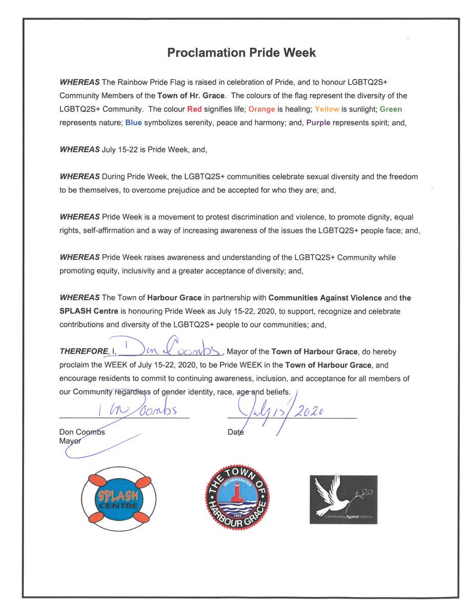 July 22, 2020:

The Town of Harbour Grace, in partnership with the Splash Centre &amp; Communities Against Violence, is proud to stand in solidarity with our LGBTQ2S+ community. Also, thank you to our Public Works team for designing this new sidewalk to the S.W. Moores Memorial Park.