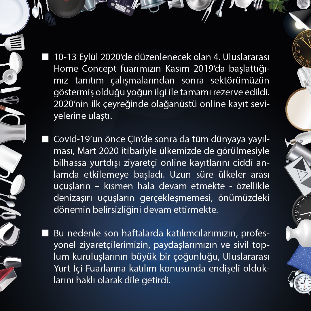 homeconceptfair's tweet photo. HOME CONCEPT FAIR IS POSTPONED!
Because of the Pandemic situation, the date of our fair, which was planned to be held on 10-13 September 2020, has been changed. 
We will share our new dates soon. https://t.co/OTzWDxTut3