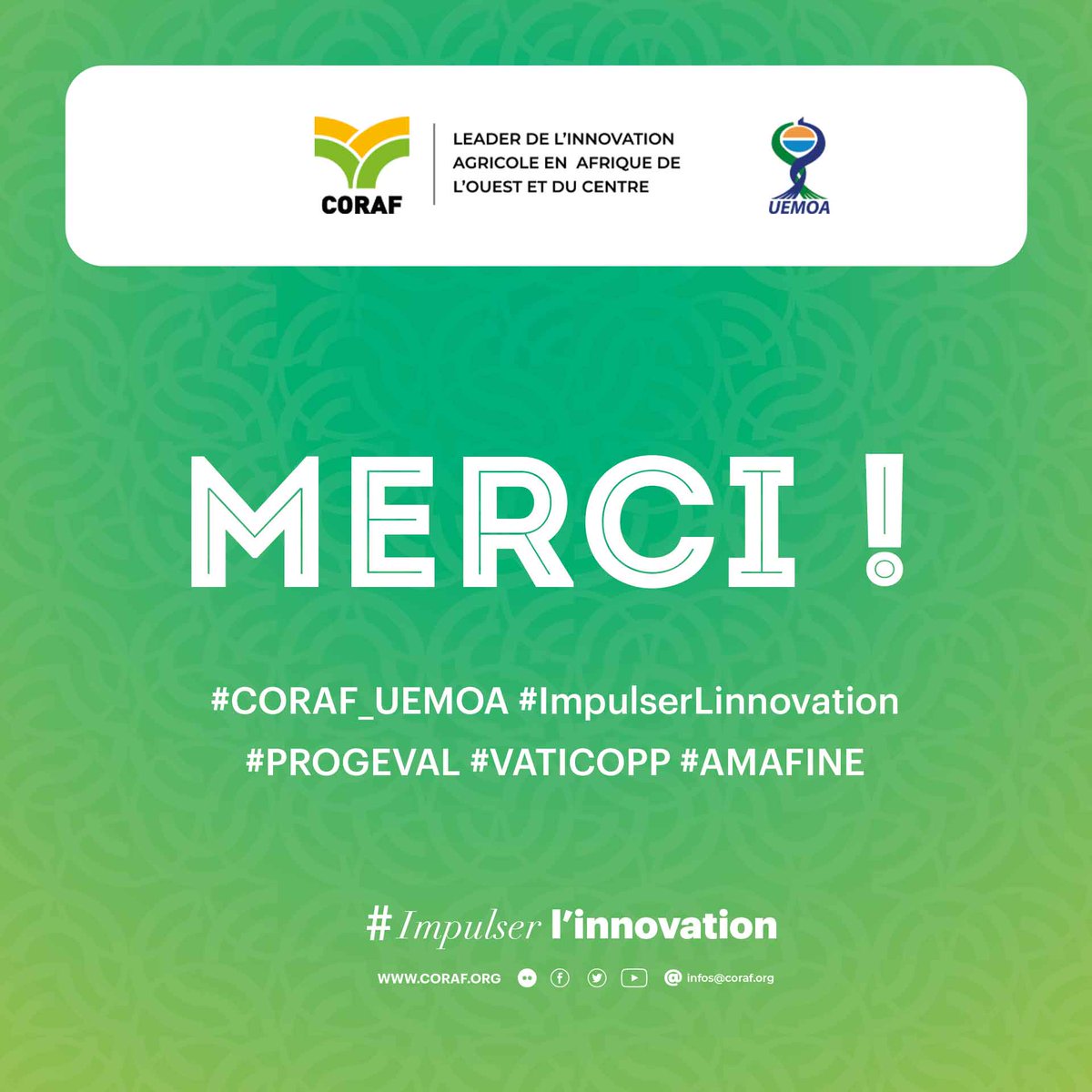 CORAFNews's tweet photo. Merci à tous et à toutes d’avoir suivi notre Webinar sur les acquis de la Convention #CORAF_UEMOA.
Grand merci également aux journalistes des 8 pays de la zone UEMOA d'avoir participés à la conférence de presse.
#CORAF_UEMOA #PROGEVAL #VATICOPP #AMAFINE https://t.co/gKgBViIumZ