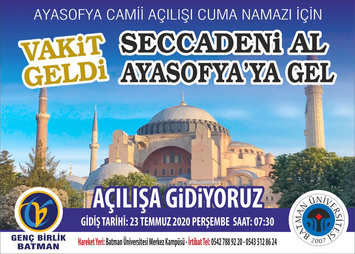 Ayasofya'da buluşuyoruz.Tarihin bu dönüm noktasına sende şahitlik etmek istersen,bize:
05427889220-05435128624
Nolu hatlardan ulaşabilirsiniz.

Not: Programımız  ücretsizdir. #Ayasofya