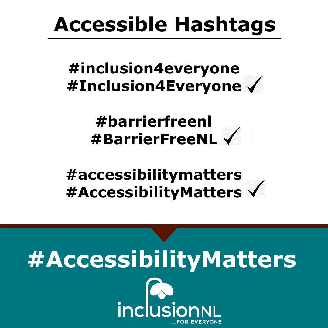 inclusionNL's tweet photo. #AccessibilityMatters: accessible hashtags camel case it's words #ABitLikeThis. In doing so, your message will reach a larger audience as people who use screen readers will hear the words individually, & aids in deciphering visually as well. #Inclusion4Everyone #BarrierFreeNL https://t.co/LlJXlWdVGC