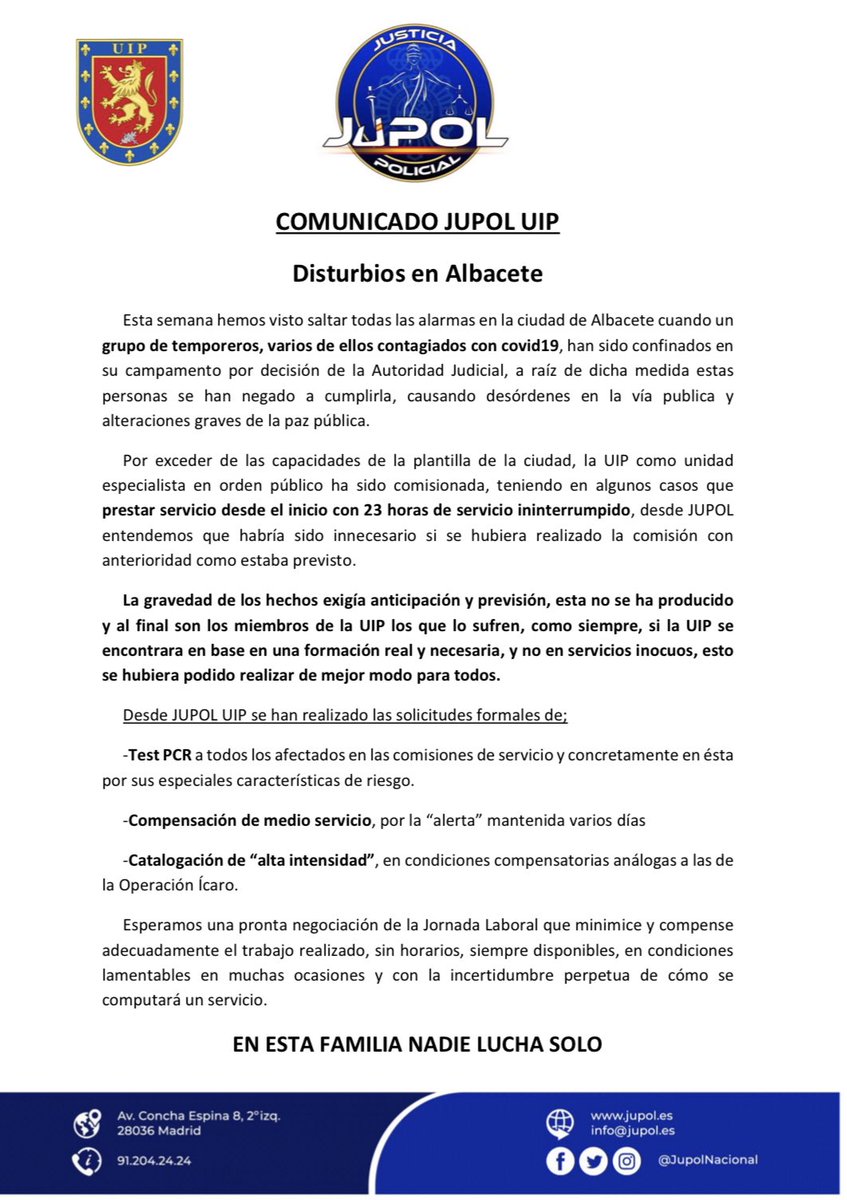 JupolNacional's tweet photo. 🔵#UIP🔵

👉Desde JUPOL seguimos luchando para dignificar al máximo las Unidades de Intervención Policial.

📝Es imperioso iniciar los trabajos de la Jornada Laboral de UIP.

‼️SOLICITAMOS:
🧫#Test #PCR
📊Compensaciones adecuadas.
📈Catalogación de “Alta intensidad” #Albacete https://t.co/K5j98BMt7j