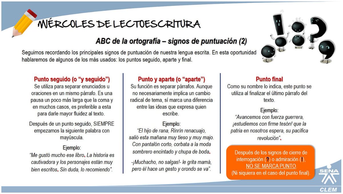 GermansSuarez's tweet photo. Hoy, en Miércoles de Lectoescritura @SENA_RValle CLEM #Tuluá, continuamos con la segunda parte de: Signos de puntuación; tengamos en cuenta los siguientes consejos y aprovechemos esta valiosa herramienta  que nos ayudará a fortalecer nuestra comunicación. #CuidándomeTeProtejo https://t.co/BgRClI0bVz