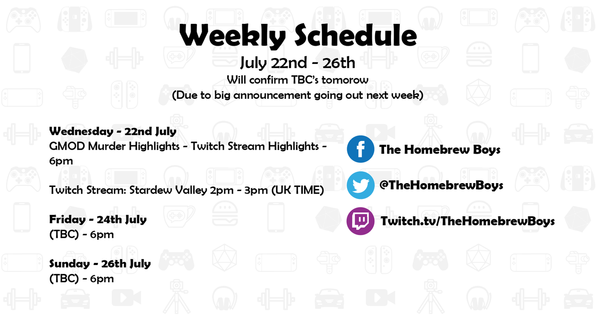 TheHomebrewBoys's tweet photo. IT'S SCHEDULE TIME! We have a busy week due to a big announcement that is happening next week so stay tuned! This week we have a stream today at 2pm and we have #GmodMurder out today at 6pm! Check us out:
YT:https://t.co/ZJemqqEhEC
Twitch: https://t.co/w6mTX2eMXf https://t.co/Euduzx4DY0