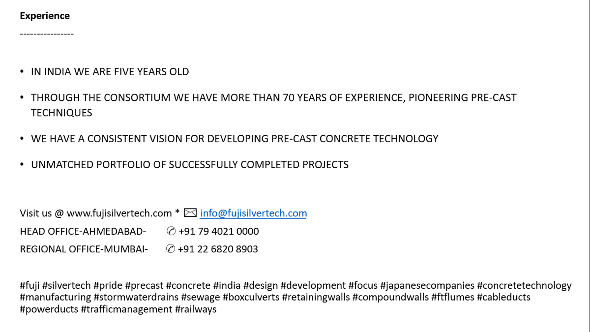 Fuji_Silvertech's tweet photo. #fuji #silvertech #pride #precast #concrete #india #design #development #focus #japanesecompanies #concretetechnology #manufacturing #stormwaterdrains #sewage #boxculverts #retainingwalls #compoundwalls #ftflumes #cableducts #powerducts #trafficmanagement #railways https://t.co/e6nlwyPG9y