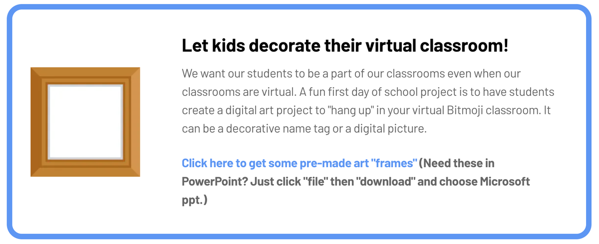 DitchThatTxtbk's tweet photo. 👉Want to give students a fun project the first few days back to school with remote learning?
Have them create a digital art piece to "hang up" in your virtual or #BitmojiClassroom!
Snag this idea (& template) plus many more in our latest post https://t.co/frTuwKwbpi #ditchbook https://t.co/6C2AfF1860