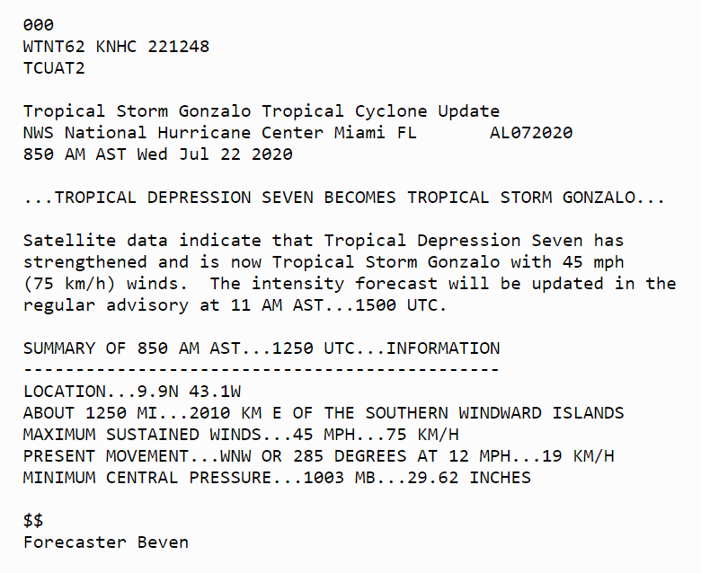 Tropical Storm #Gonzalo has formed over the tropical Atlantic Ocean.  Please refer to the Tropical Cyclone Update for more info: nhc.noaa.gov/text/refresh/M…