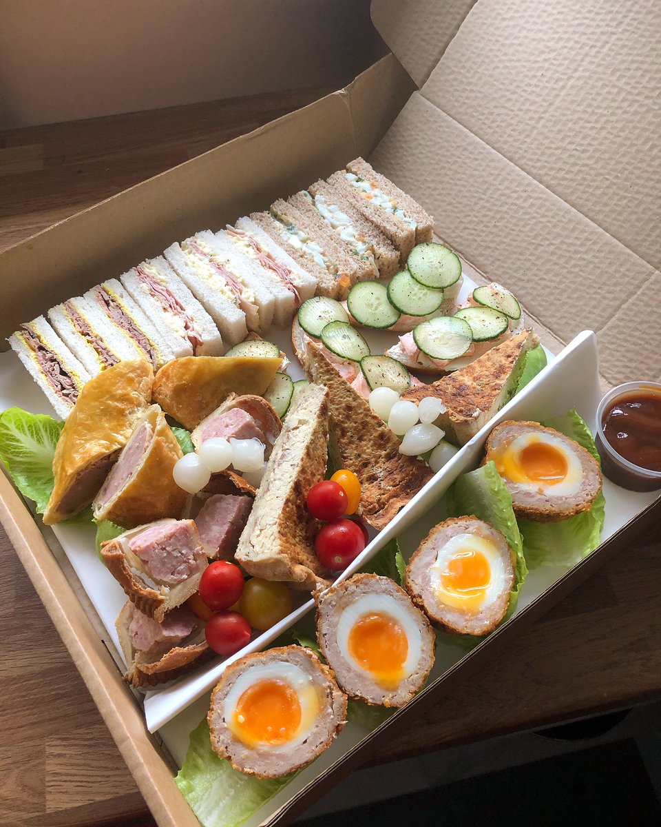 RachAlsKitchen's tweet photo. One of today’s #sharingboxes heading out.. an #afternoontea with a little extra popped in the box as the client was very keen to try our #freshlymade #scotcheggs ... so full the #desserts had to be popped in another box.. Great to receive lovely #feedback and see it all laid out. https://t.co/wxzYU9BUxp