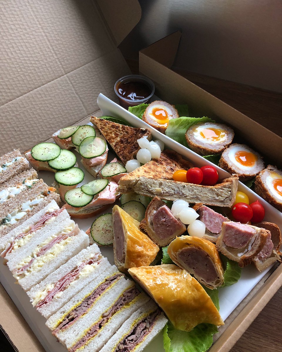 RachAlsKitchen's tweet photo. One of today’s #sharingboxes heading out.. an #afternoontea with a little extra popped in the box as the client was very keen to try our #freshlymade #scotcheggs ... so full the #desserts had to be popped in another box.. Great to receive lovely #feedback and see it all laid out. https://t.co/wxzYU9BUxp