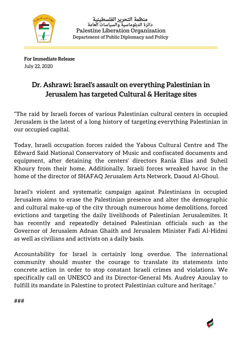 Nadat Israël afgelopen week een antiek doopfont jatte uit Bethlehem, heeft het vandaag de strijd tegen Palestijns cultureel erfgoed (en daarmee de Palestijnse zichtbaarheid tegenover de buitenwereld) voortgezet door invallen bij o.a het Edward Said conservatorium. Staatsterreur.
