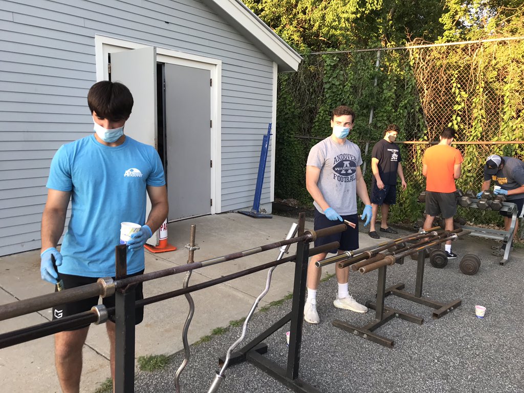 AHSFtball's tweet photo. Do you feel the energy in the air ⚡️⚡️
Thanks AJ, Charlie , Tomas, Matt, and Payton for getting equipment ready for outdoor use!
The season may not look the same this year, but your Warriors will be ready and we will be together again 
💙💛🏈@AndoverHS_Princ @AndoverWarriors https://t.co/NITuxeLStE