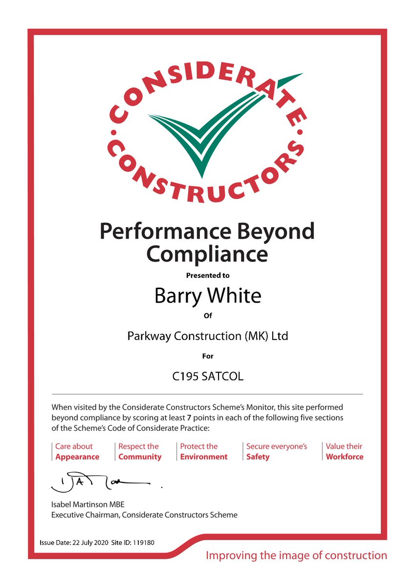 SATCOL #ConsiderateConstructors Highest Company Score, achieving  39, another 'Beyond Compliance!  Great work team 🚛🏗️👷‍♂️