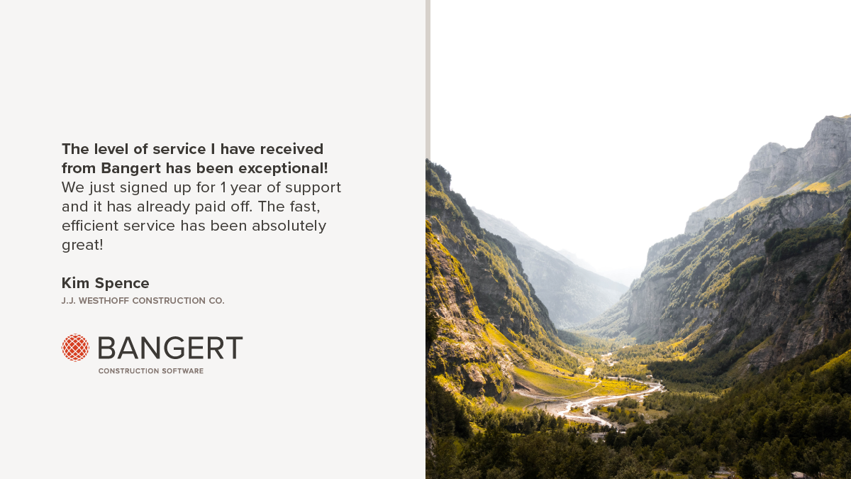 BangertInc's tweet photo. "The level of service I have received from Bangert has been exceptional!
We just signed up for 1 year of support and it has already paid off. The fast, efficient service has been absolutely great!"

Kim Spence
J.J. Westhoff Construction Co. https://t.co/8JU7mmo17g
