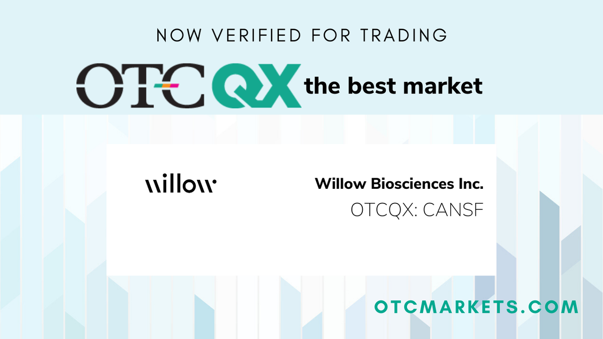 OTCMarkets's tweet photo. Today, we congratulate Willow Biosciences Inc. (TSX: $WLLW #WLLW ; OTCQX: $CANSF #CANSF) on graduating from our #OTCQB Venture Market to trade on our #OTCQX Best Market. Find #RealTime Level 2 quotes: https://t.co/LtfEFX680A https://t.co/jEyMOkw9A5