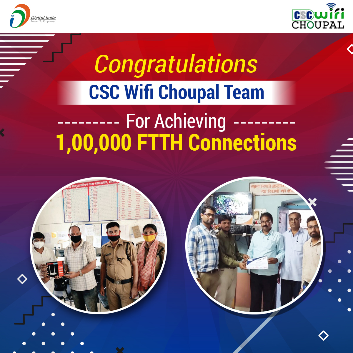 CSCegov_'s tweet photo. Congratulations CSC Wifi Choupal Team, for achieving 1,00,000 FTTH Connections.

#CSC #DigitalIndia #TransformingIndia @wifichoupal https://t.co/6qAjeFohdk