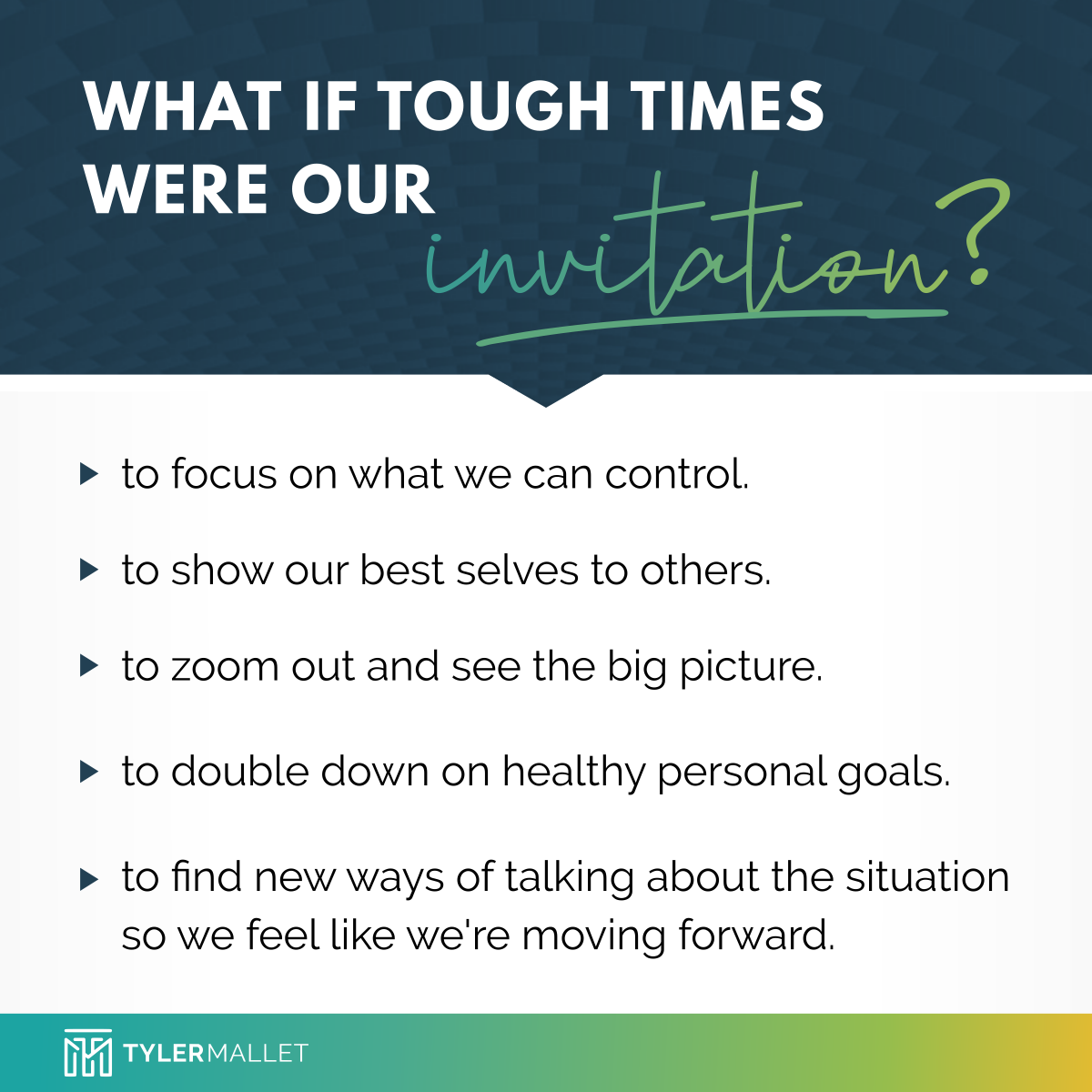 edcoachtyler's tweet photo. Times like these always, without exception, have invitations for us hidden under the chaos. Often, we are invited to remember stuff we already knew, but seem to have forgotten along the way. What is your situation inviting you to do? https://t.co/zTxsKQPx2D