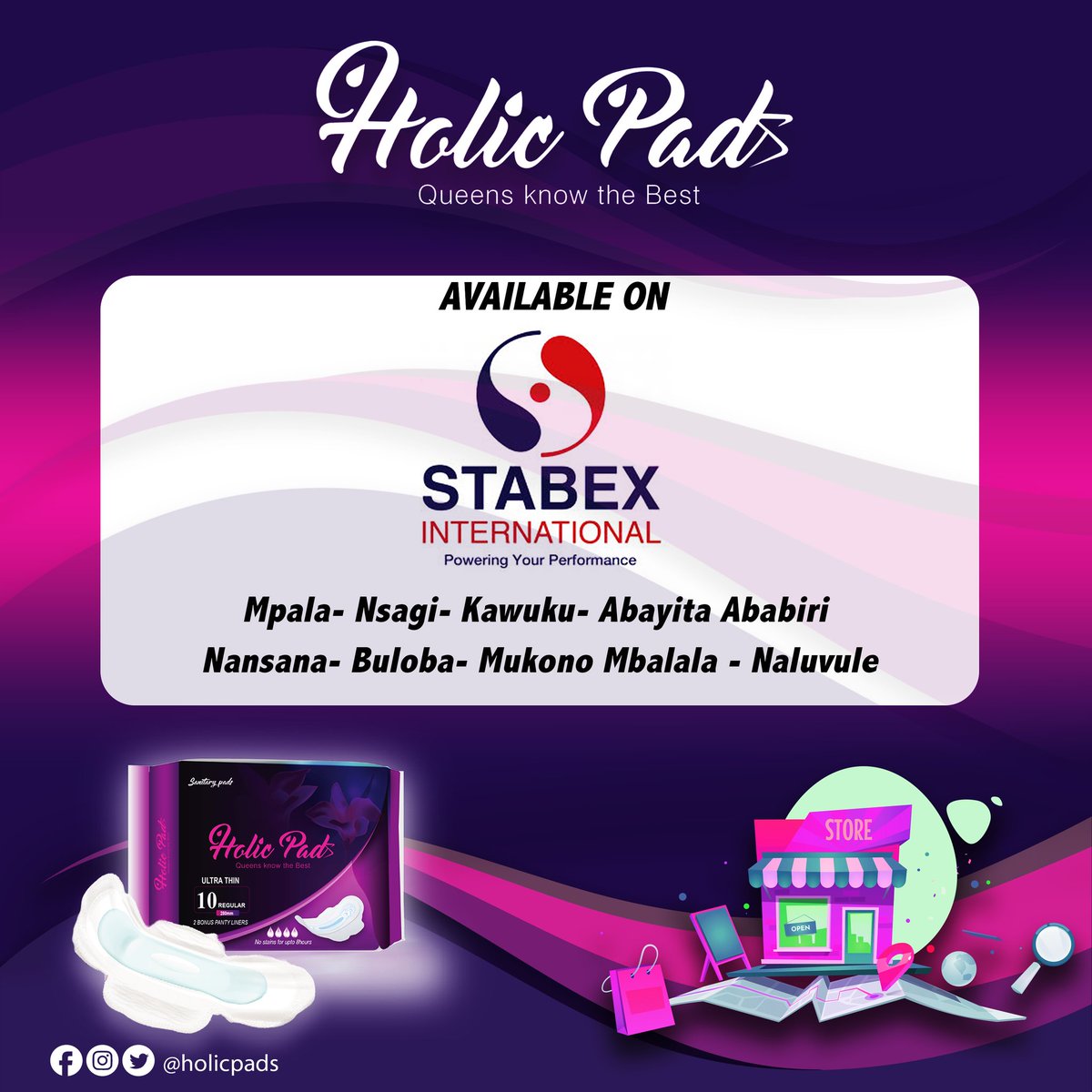 HolicPads's tweet photo. HOLIC PADS are now available in
#Sombe Supermarket Mukono
#StabexDdukas
#ECOMART Kiwatule
#PortBell Kitintale
"QUEENS KNOW THE BEST"
#HolicPads #QueensKnowTheBest #SheebahEstablishments https://t.co/EcFjabvCdB