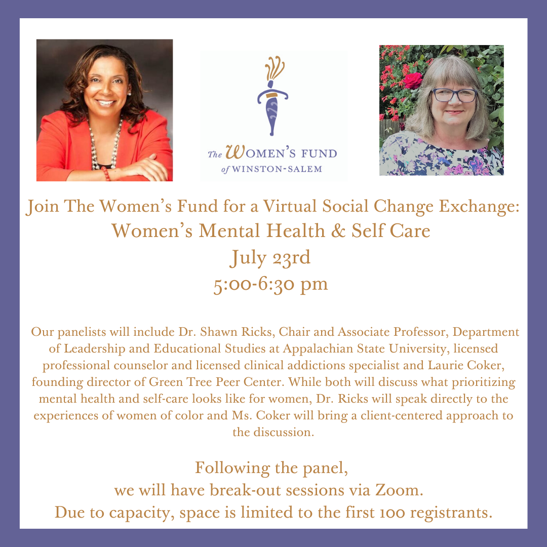 womensfundws's tweet photo. Join the Women’s Fund for a panel discussion highlighting the importance of mental health and self-care for women. #wsnc #winstonsalem #wsfoundation #womensfund https://t.co/VWY4qsWaEo