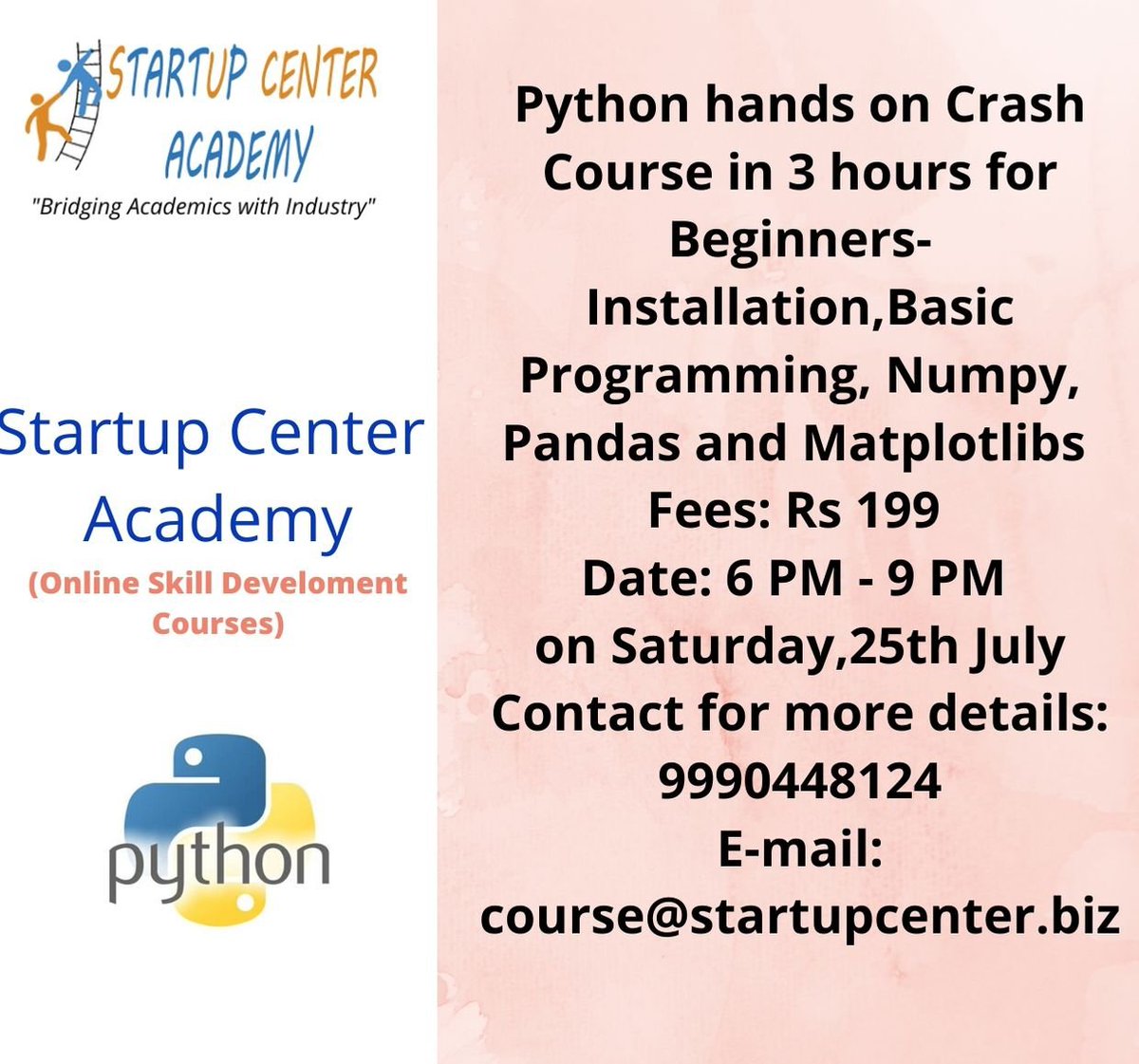 center_startup's tweet image. Python hands on crash course in 3 hours for beginners
forms.gle/Kj7gTdmt8YQKo5…
#beginners #pythoncourse #pythonstudents #freshers #faculty #mba #bba #pgdm #pandas #basic #matplotlibs #coding #numpy