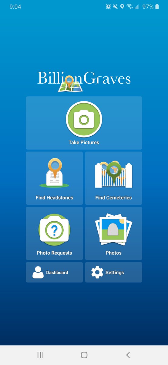 To search for a cemetery on the BillionGraves app, open the app and tap on the Find Cemeteries button.