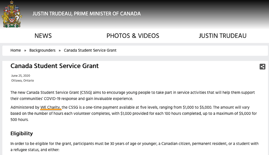 1. When the prime minister announced his controversial $912-million summer student volunteer program, he said WE Charity had been contracted to administer it.