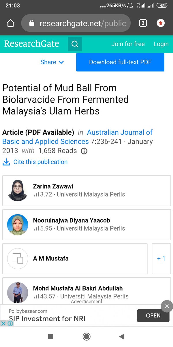 Tadi came across to this paperVery interesting. Mudball + EM + fermented Malaysia's ulam. (BioLavacide)Treat air yg ada lava nyamukResult;Mudball yang ada 25% ekstrak ulam boleh membunuh 80% lava nyamukTapi ni lab scale je. Perlu buat full scale utk tengok lomoong3 lain