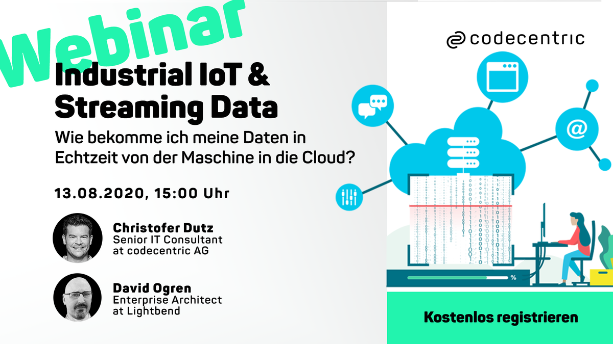codecentric's tweet photo. Gemeinsam mit unserem Partner @lightbend laden wir euch am 13.8. zum Webinar "Industrial IoT und Streaming Data". @ChristoferDutz und David Ogren zeigen euch, was @ApachePlc4x und #Cloudflow in dem Bereich zu bieten haben 👉 https://t.co/dbH8JeQLfp #webinar https://t.co/2C8j07xLSY