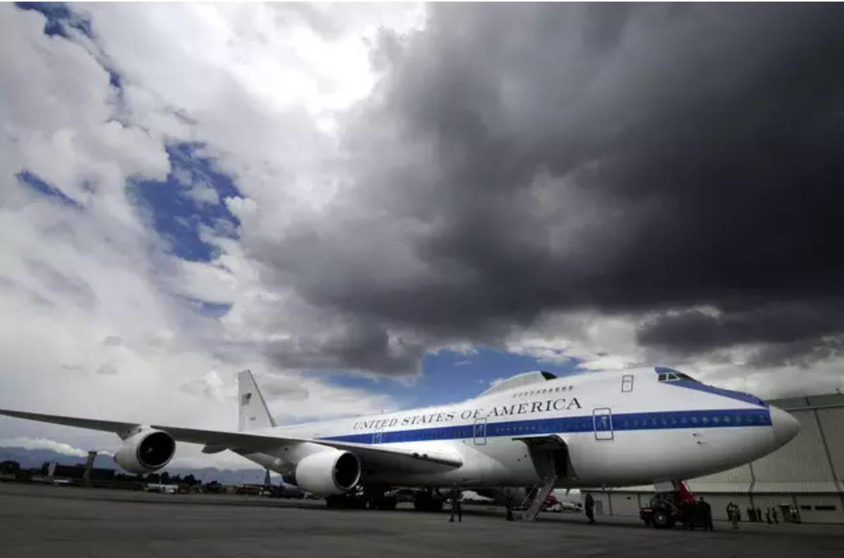 The E-4B is the National Airborne Operations Center (NAOC), which serves as a command and control center for the president, the secretary of defense, and the Joint Chiefs of Staff during emergencies.