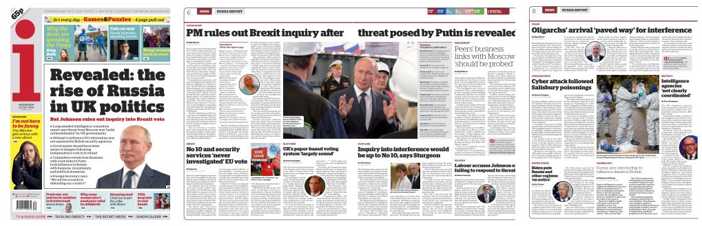 While  @theipaper takes a broader approach on the general level of Russian influence in our politics and a series of bullet-point subheadlines. Inside it gives more prominence to the Govt response than the report itself/12