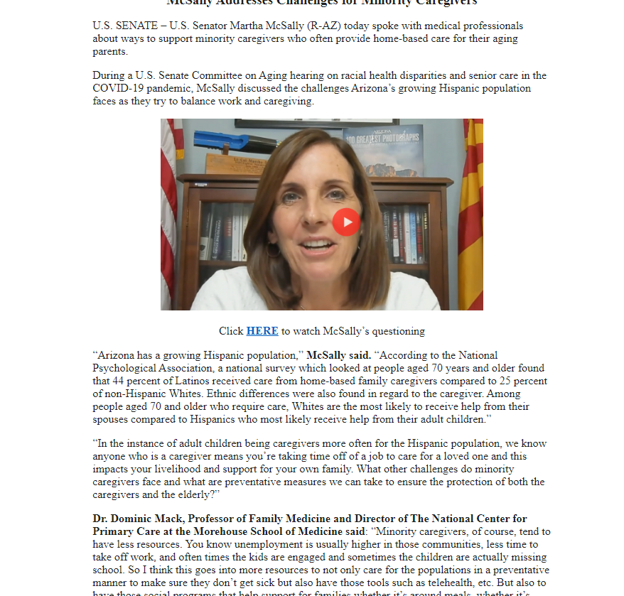Also released yesterday,  @MarthaMcSally at  @SenateAging hearing on challenges facing Arizona Hispanic population:"Whites are the most likely to receive help from their spouses compared to Hispanics who most likely receive help from their adult children" #AZsen