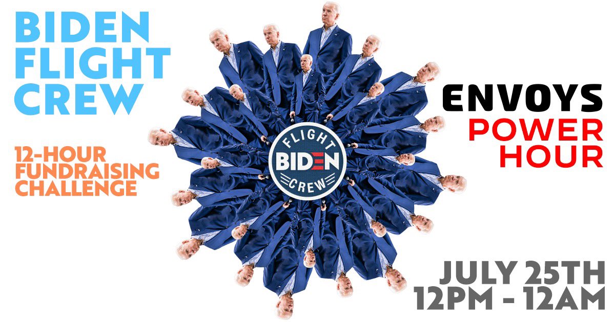 BidenFlightCrew's tweet photo. Tick tock! ⏰ 
The #BidenFlightCrew is hosting a 12-hr fundraising livestream challenge Saturday, 7/25, 12pm-12am for @JoeBiden! We have speakers, musicians &amp; fab events as we countdown to Nov!
Let’s have a huge weekend for @JoeBiden!
Stay tuned!
@TeamJoe  
#Biden2020 
💙🇺🇸🥁✈️ https://t.co/AiyLbHJG5D