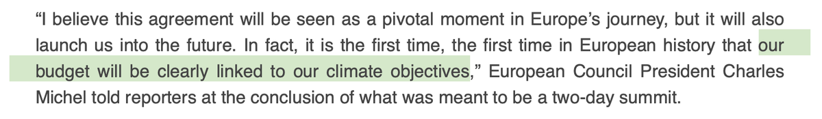 On to climate, the plan says that 30% of the new 1 trillion EUR budget and the 750 billion EUR COVID package should be spent on climate. Tying the budget to climate is another unprecedented aspect of this deal, though how this will be achieved is a Q. ($)  https://carbon-pulse.com/104432/&nbsp;