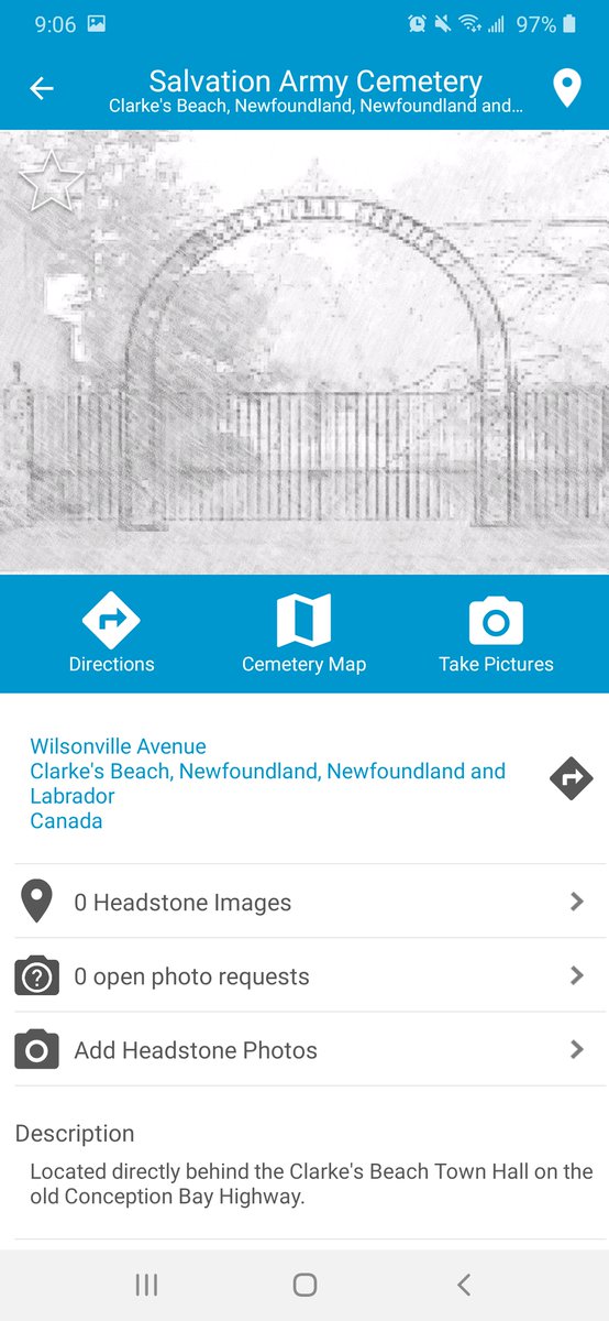 Now tap a pin on the map to see the summary page for the cemetery you are interested in. Click on the picture to open the cemetery details page. Click on Cemetery Map to view the photos already taken.