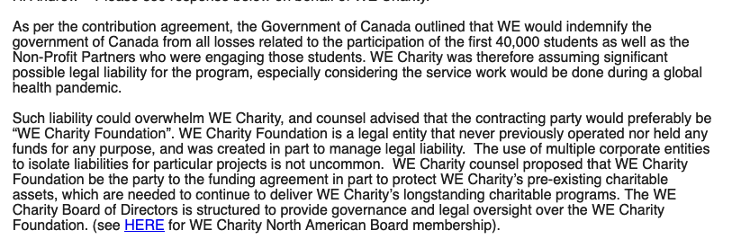 6. WE Charity said the WE Charity Foundation was made the “contracting party” for legal liability reasons.