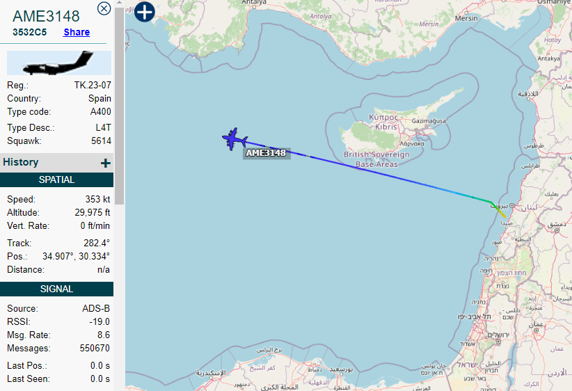 5472_nde's tweet photo. AME3148 TK23-07 #SpanishAF A400M westbound out of #Lebanon. 1312z https://t.co/QMmWEj8RQt