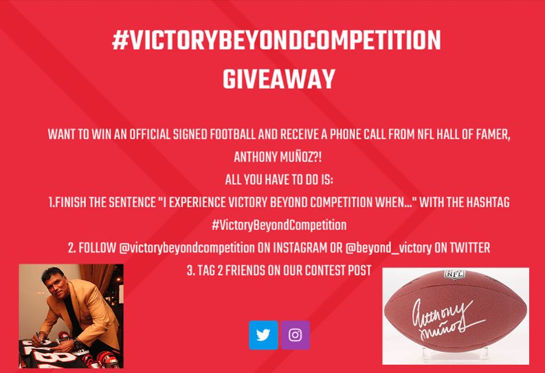 beyond_victory's tweet photo. EXCITING #GIVEAWAY COMING UP!
~~
#WIN an official signed football AND receive a phone call from NFL Hall of Famer, @AnthonyMunozHOF?!

Full details in the photo below and on https://t.co/uOt40Ze9zw
~~
We CAN’T WAIT to hear your victories!
#VictoryBeyondCompetition https://t.co/w96SmWVV80