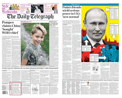 So the Russia report is squeezed into a filler at the foot of the page, cross referring to a single page of coverage – angled on Putin the villain – on page 4./20