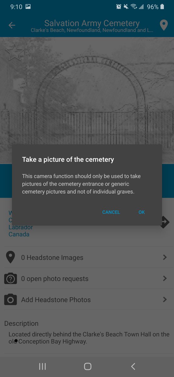 Now that you’re ready to take photos, on the main app screen, click Take Pictures. If you click Take Pictures on the cemetery detail page, you’ll get a warning that this function is for taking photos of the entrance to the cemetery.