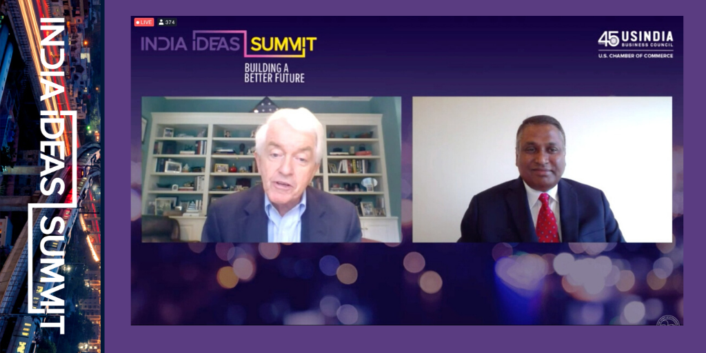 USIBC's tweet photo. "What you're doing in the United States is very valuable to us"~Thomas J. Donohue, CEO, @USChamber concluding the fireside chat with C Vijayakumar, President &amp; CEO @hcltech #IndiaIdeasSummit #USIndia 🇺🇸🇮🇳 https://t.co/JLNXwvNU14