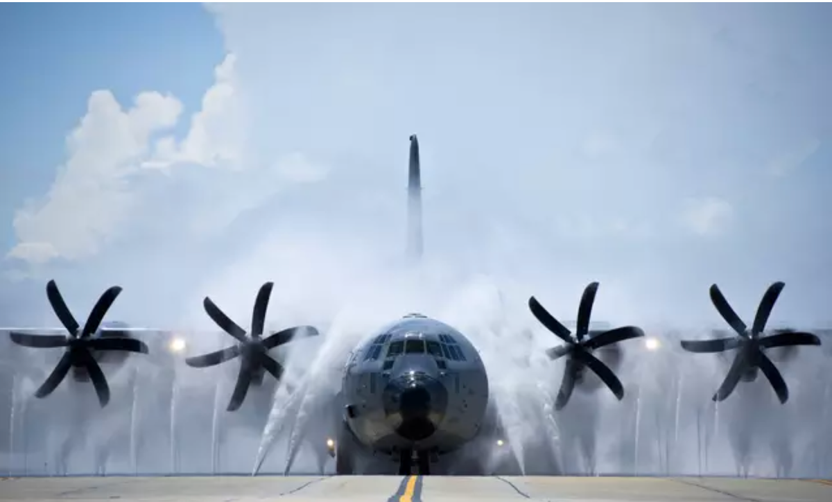 The WC-130 Hercules is a weather reconnaissance aircraft. It is flown through storms, hurricanes, and winter storms to collect and measure information about the weather pattern.