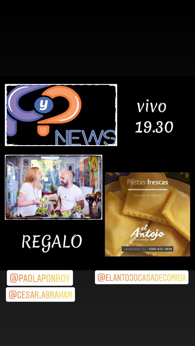 pypnewsok's tweet photo. Llegó el miércolesY  un nuevo #vivo a las 19.30 con @PaoBPon y @CESARABRAHAMOK 
Y un rico regalo:
Pastas caseras de elantojocasadecomida 
#pyp #pypnews #peladoypaola #paolaponroy #cesarabraham #host #tv #youtube #sustentable #saludable 
#ig #iglive #gift #pastas #pastascaseras https://t.co/pWnOY7kDoX
