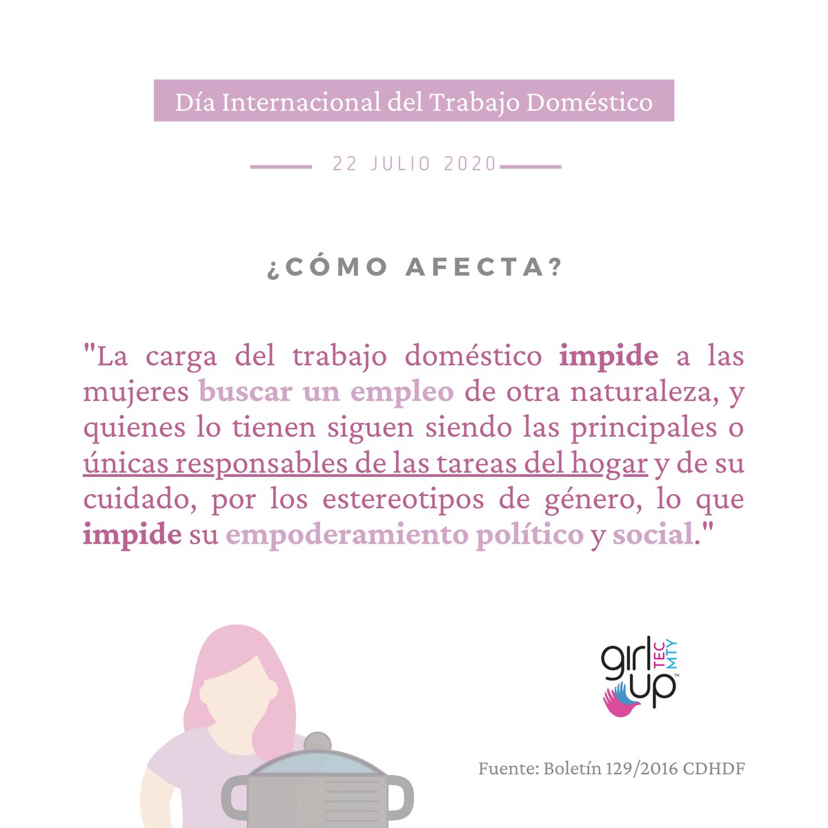 Hoy se conmemora el Día Internacional del Trabajo Doméstico. Las condiciones de las mujeres que realizan este trabajo son en circunstancias difíciles y desvalorizadas. Por la pandemia del Covid-19 las mujeres realizan el triple de trabajo doméstico no remunerado (UNWomen, 2020)