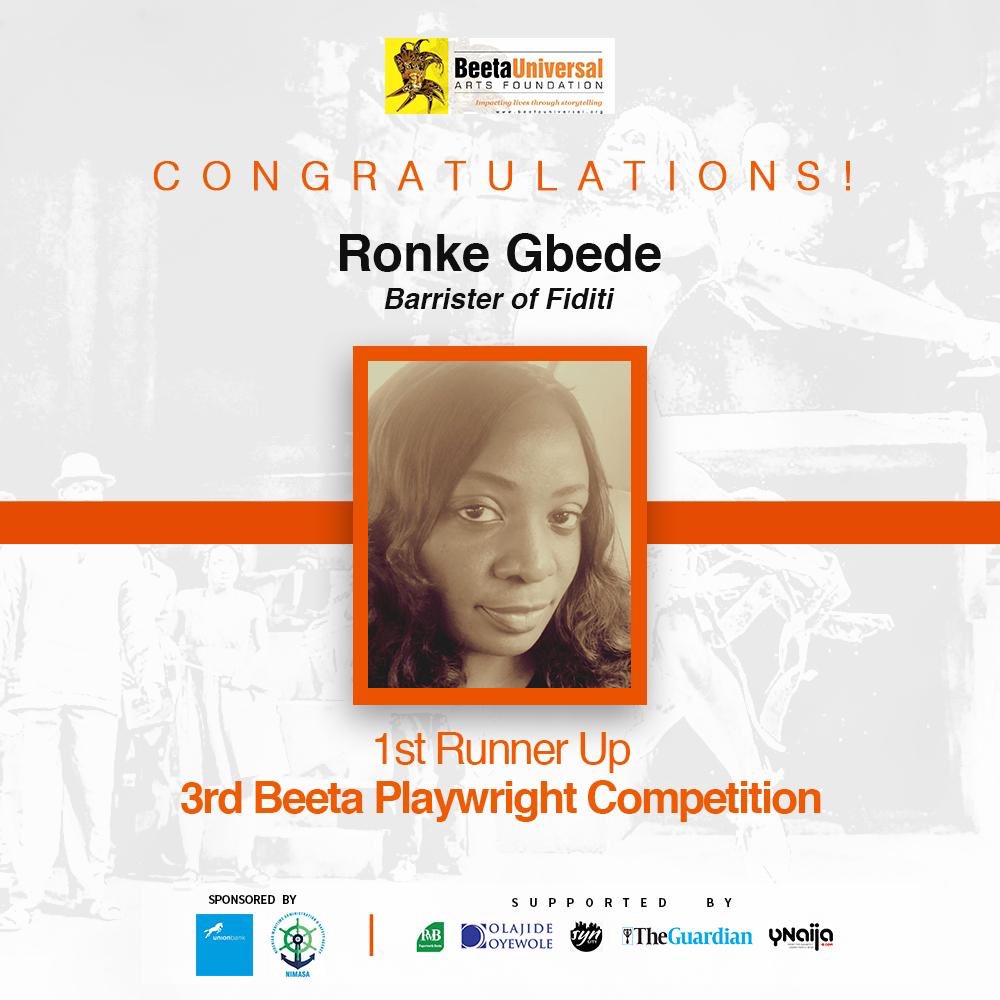 BeetaArts's tweet photo. Congratulations to Ronke Gbede, the 1st runner up of the 3rd #BeetaPlaywrightCompetition!

We are grateful to everyone that joined the Grand Finale on Zoom! It was an amazing time!

#beetauniversalartsfoundation #playwright #talentdevelopment #BPC3 https://t.co/PsUHjL0bWx