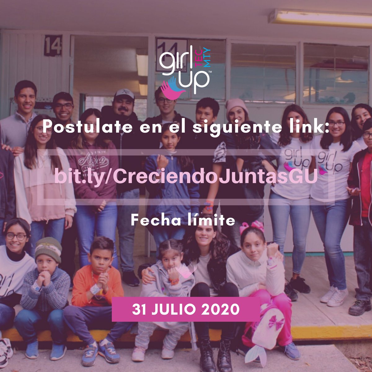 📢 ¡Girl Up Tec de Monterrey te invita a su voluntariado “Creciendo Juntas: Inspirando a las niñas del mañana” Organizado con el objetivo de inspirar a las niñas a que luchen por su futuro, la equidad de género y empoderamiento femenino.
Link de registro: bit.ly/CreciendoJunta…