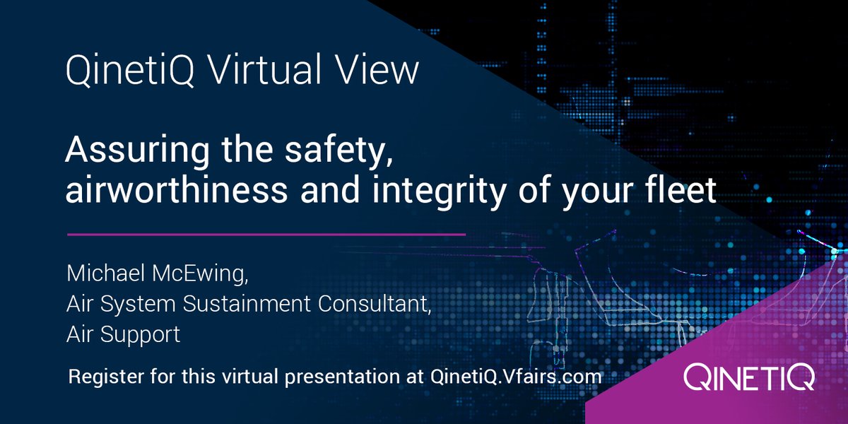 QinetiQ's tweet photo. The afternoon presentations are well underway at #QinetiQVirtualView! At 15:30 we have 'Assuring the safety, airworthiness and integrity of your fleet'. You can still sign up to view this and all previous talks here: https://t.co/E1nnJH4J6L #MissionLedInnovation https://t.co/6Ebty6bkvb