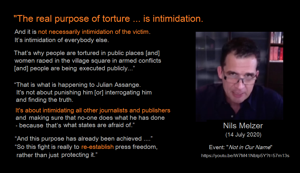 The idea that torture of an individual has a much wider purpose was further explained by  @NilsMelzer:"The real purpose of torture ... is INTIMIDATION. And it is not necessarily intimidation of the victim. It’s intimidation of everybody else." [56:35]