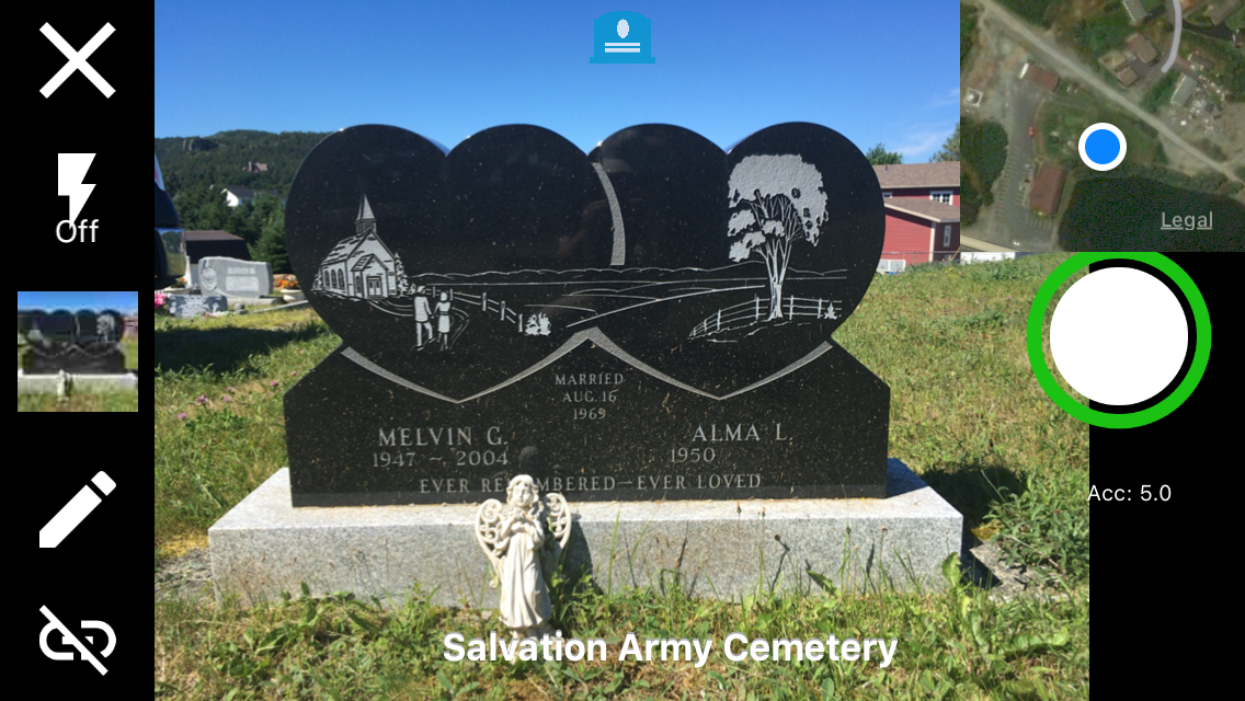 Link together images of each side of the headstone that has information. To do this, make sure to click the link icon in the corner of the camera view in between each shot you want linked together. You can see the link button in the bottom left of the screen.